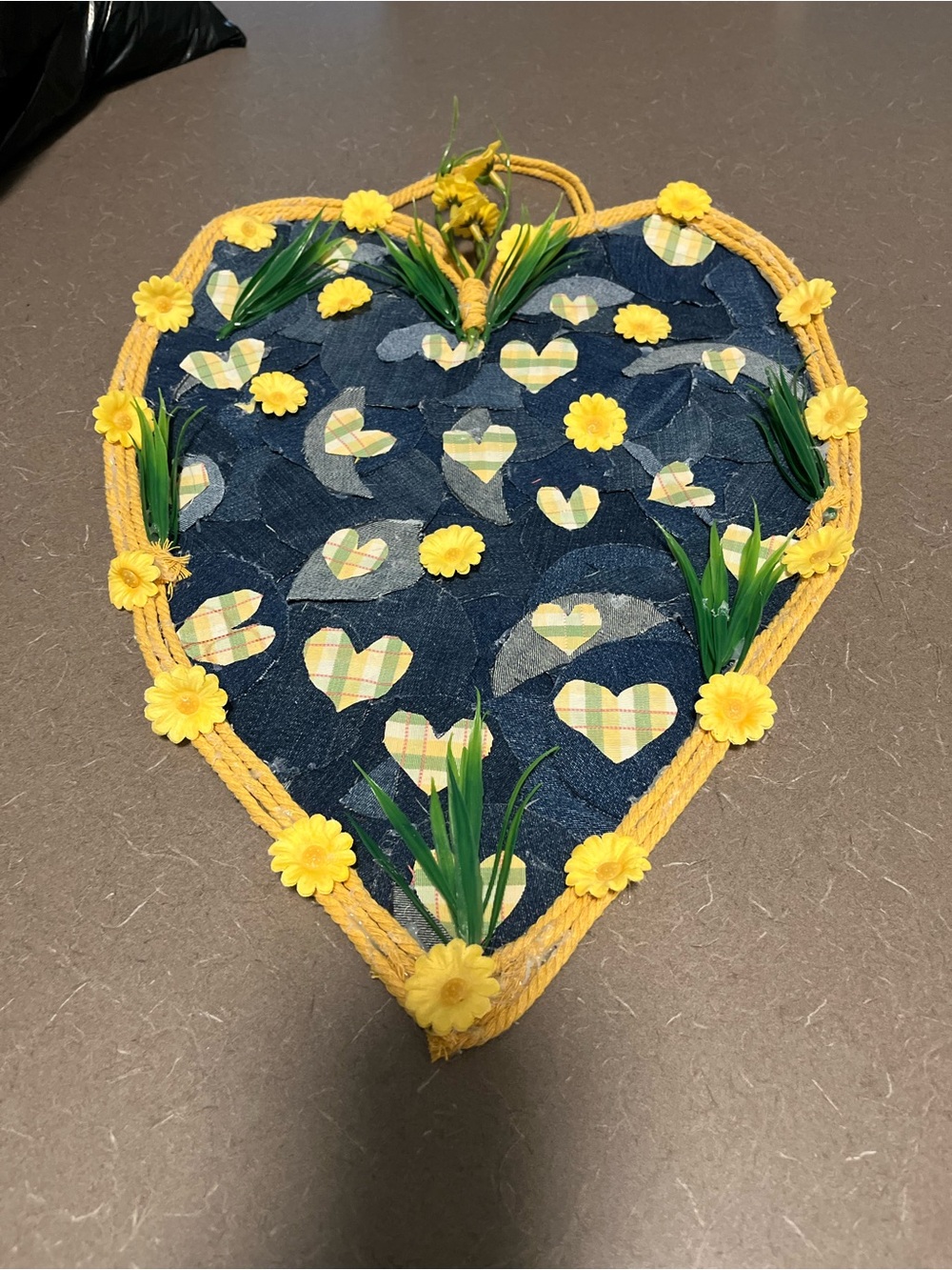 Handmade Heart Wall Hanging - Navy & Yellow Floral Accents 13”x 17”